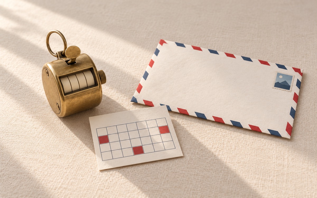 A brass counter, a grid card, and an airmail envelope for the monthly count
