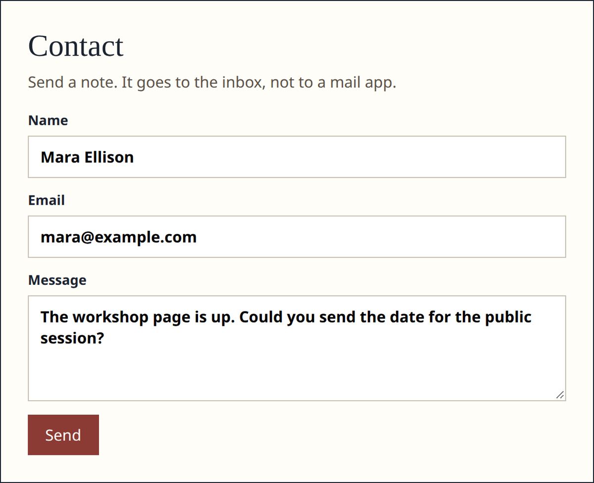 An HTML contact form filled with a name, an email, and a message