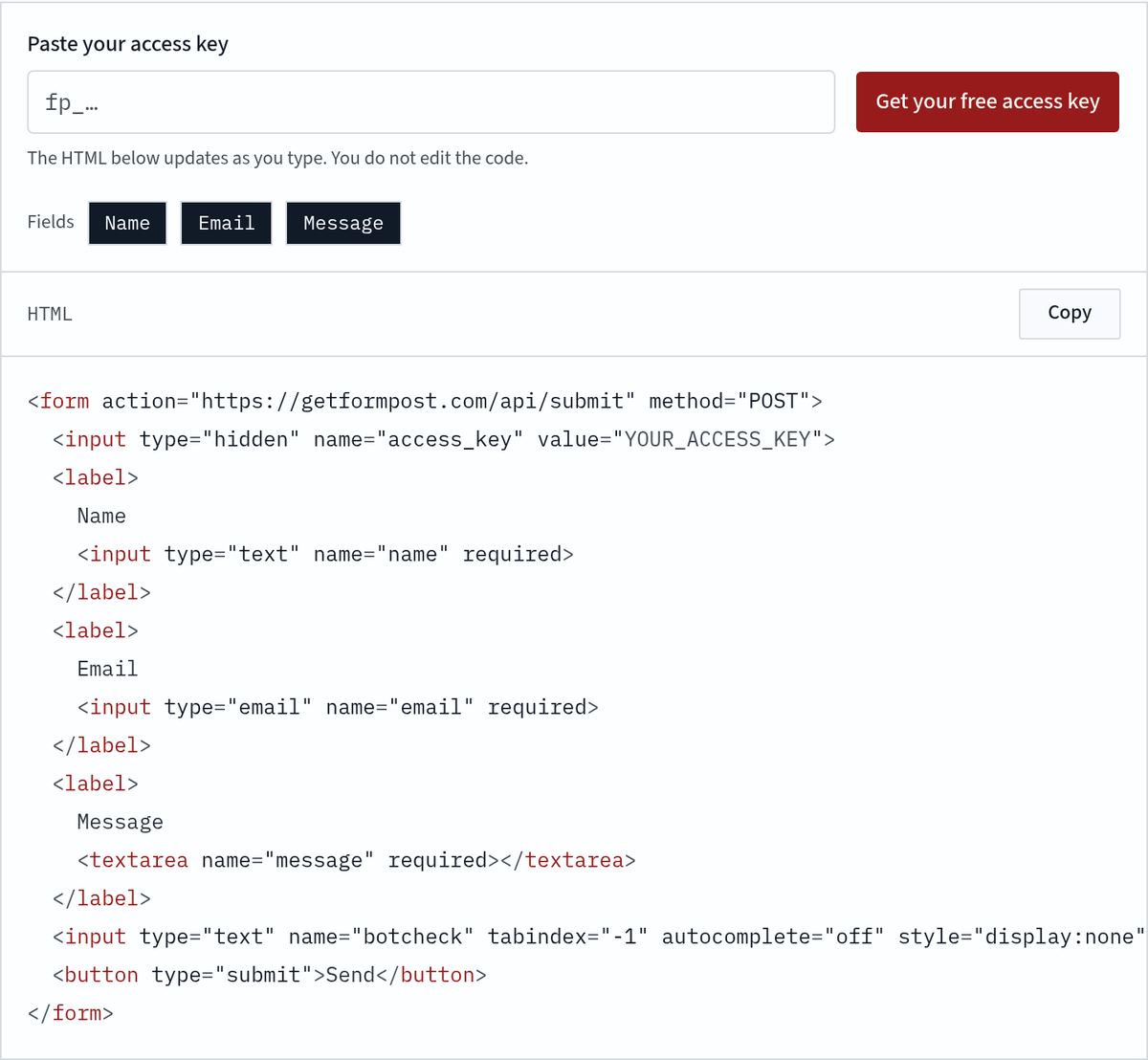 The HTML form snippet with an access-key field and a copy button