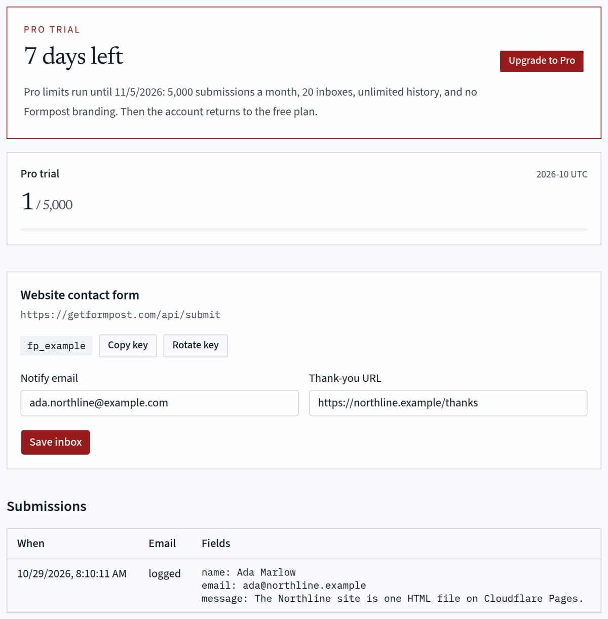 Inbox settings with a thank-you URL and a logged submission from a static site
