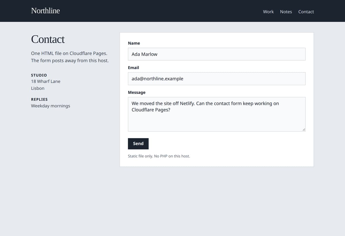 A static site contact page with an address on the left and a filled name, email, and message on the right