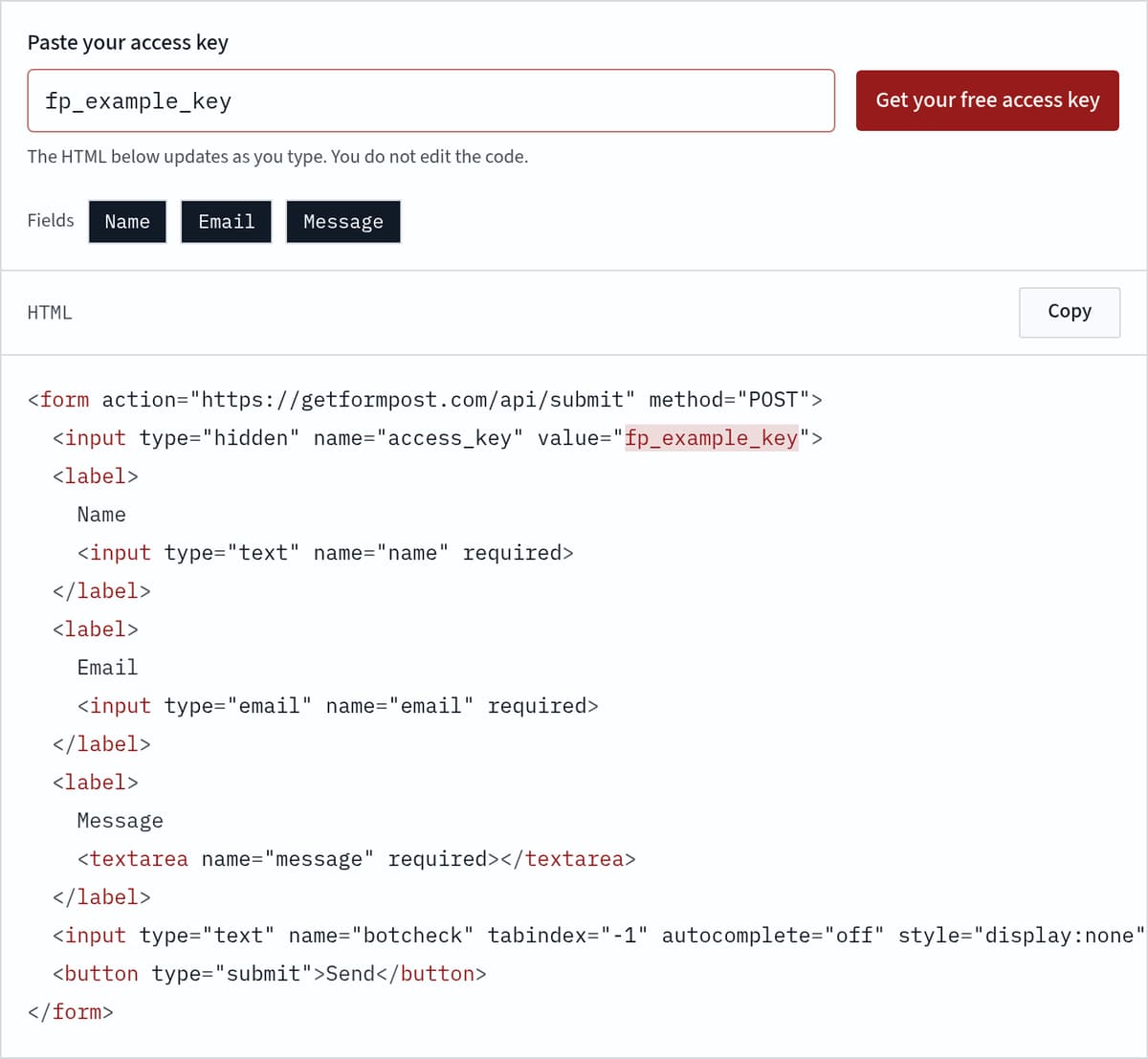 The HTML snippet after an access key is pasted, with the hidden field filled in and a copy button