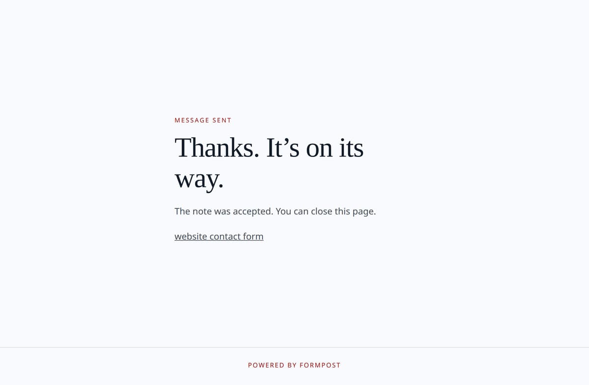 The hosted thank-you page shown after a static form is accepted
