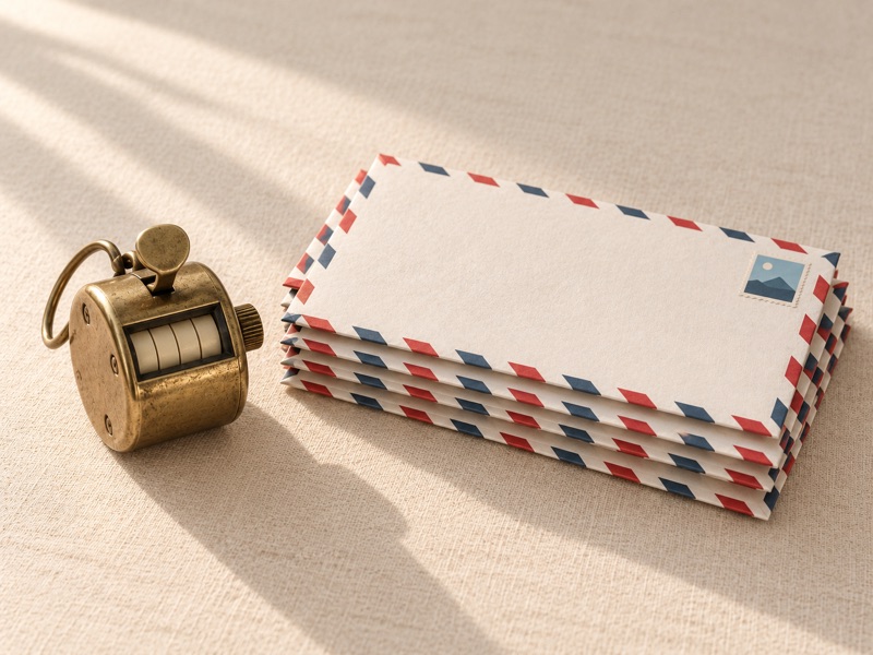 A desk stamp and a wooden counter beside a stack of mail